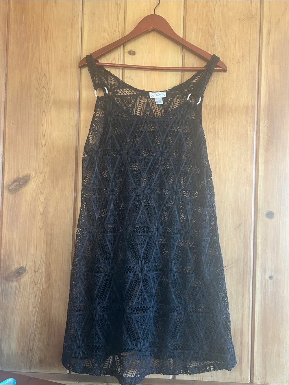 Black Crochet Swim Coverup Dress with Ring-Strap Detail